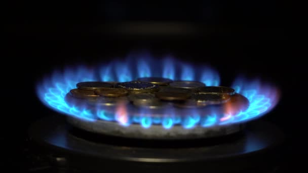 Coins Different Countries Gas Burner Symbol Increasing Fuel Prices Close — Stock Video