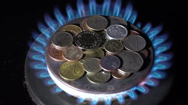 Bir Gaz Brülör Üzerinde Farklı Ülkelerin Para Artan Yakıt Fiyatları — Stok video