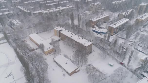 Aerial view. The drone flies above typical residential area at Eastern Europe. 4K — Stock Footage Aerial View Drone Flies Typical Residential Area Eastern Europe Stock Video