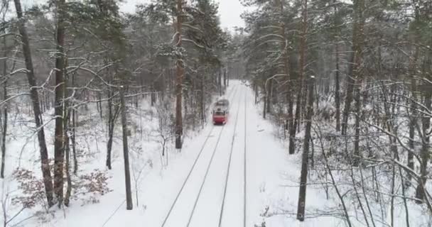 Luchtbeelden Red Electric Tramway Rijdt Door Het Besneeuwde Bos — Stockvideo