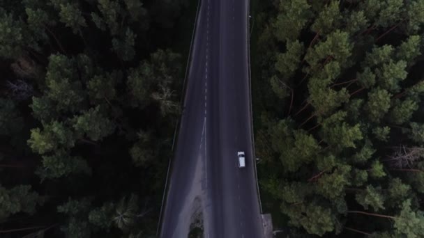 Flygbilder Bilkörning Genom Skogsväg Uppifrån Och Ned Vyn Solnedgången — Stockvideo