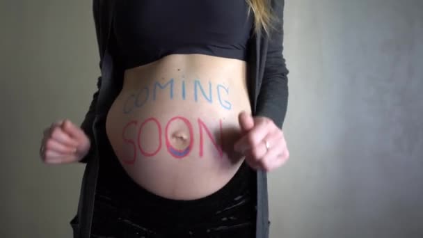 Pregnant Woman Dancing Inscription Coming Soon Her Belly — Stock Video