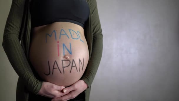 Pregnant Woman Rotates Inscription Made Japan Her Belly — Stock Video