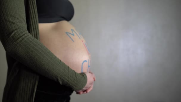 Pregnant Woman Rotates Inscription Made China Her Belly — Stock Video