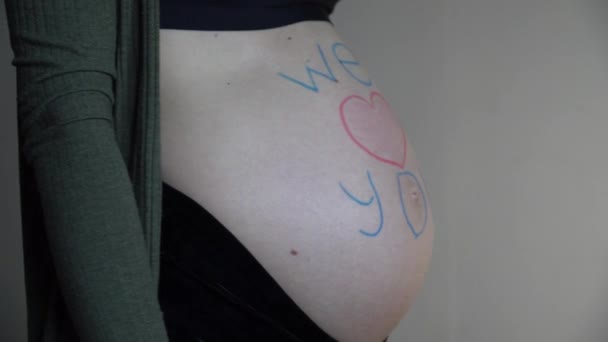 Έγκυος Γυναίκα Μια Επιγραφή Που Σας Αγαπάμε Στην Κοιλιά Της — Αρχείο Βίντεο