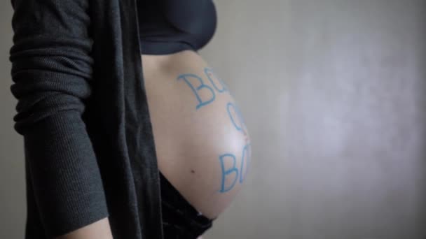 Zwangere Vrouw Met Een Inscriptie Baby Aan Boord Haar Buik — Stockvideo