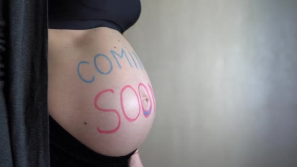 Μια Έγκυο Γυναίκα Μια Επιγραφή Που Έρχεται Σύντομα Στην Κοιλιά — Αρχείο Βίντεο