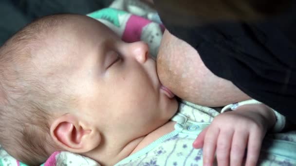 母乳育児 赤ん坊の男の子を養う若い母親の閉鎖 — ストック動画