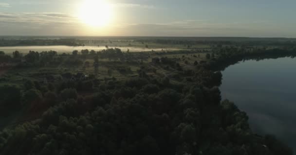 Aerial View Morning Fog Sun Rises Misty Landscape — Stock Video