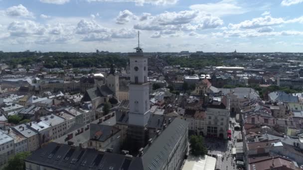 Vista Aérea Centro Cidade Lviv Drone Voa Pela Câmara Municipal — Vídeo de Stock