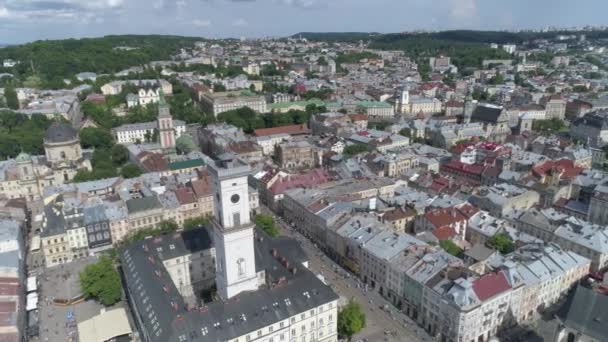 Vista Aerea Del Centro Leopoli Drone Vola Intorno Municipio Ucraina — Video Stock