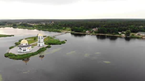 Aerial Footage Drone Flies Christian Church Island — Stock Video