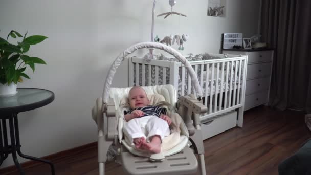 Cute Baby Boy Sitting High Chair — Stock Video
