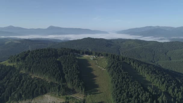 Letecký Pohled Mlhy Pokrylo Horské Lesy — Stock video