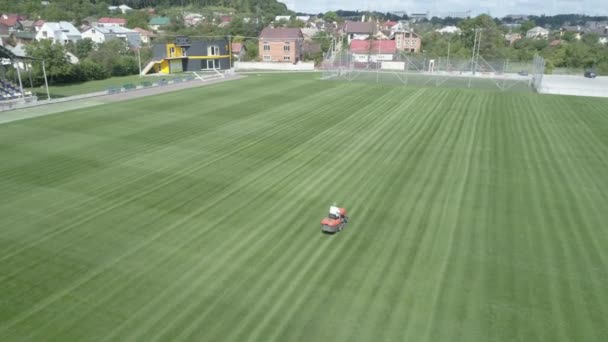 Manutenção Campo Futebol Cortador Grama Cortando Grama Verde Vista Aérea — Vídeo de Stock