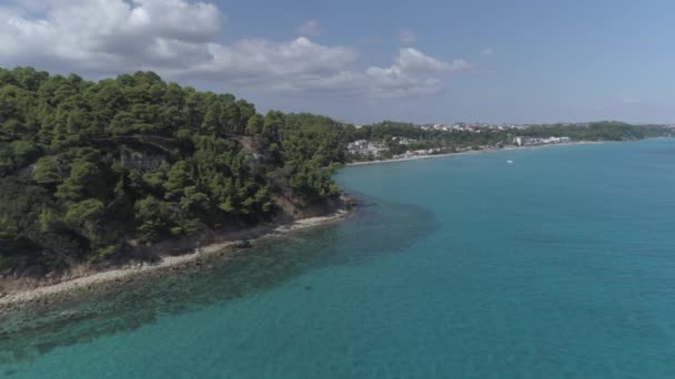 Воздушный Береговая Линия Деревьями Скалах Рядом Пляжем Калитеи Греция — стоковое видео