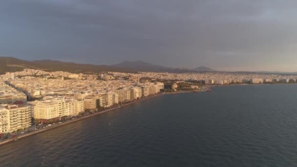 Yunanistan Selanik Şehrinin Hava Manzarası Gün Batımı — Stok video