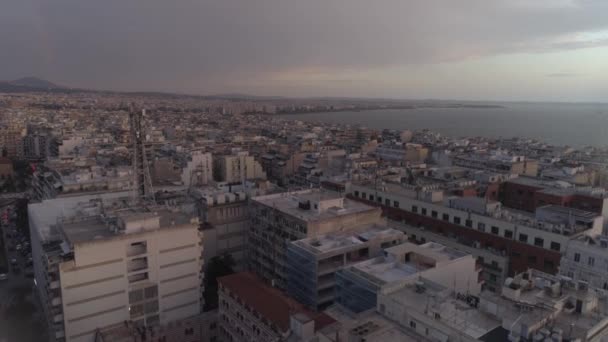 Flygfoto Över Thessaloniki Stad Grekland Solnedgång — Stockvideo