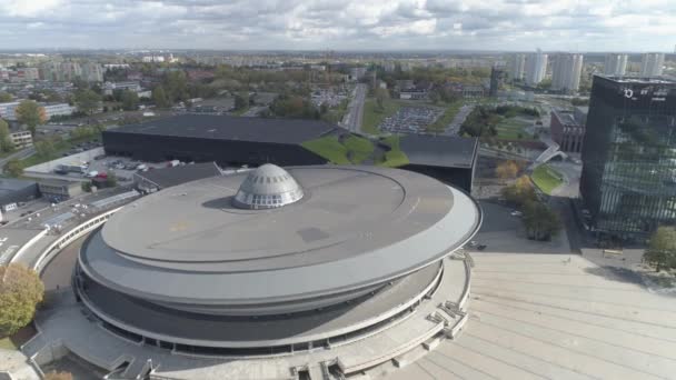 Luchtfoto Van Het International Congress Centre Spodek Arena Complex — Stockvideo