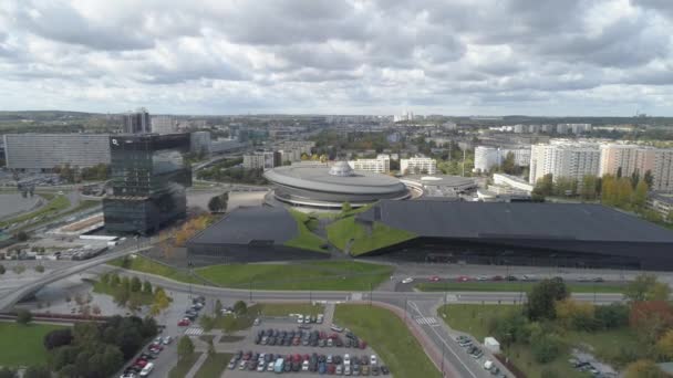 Nagranie Lotnicze Międzynarodowego Centrum Kongresowego Kompleksu Spodek Arena — Wideo stockowe