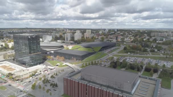 Luftaufnahmen Des Internationalen Kongresszentrums Innenstadt Von Kattowitz Polen — Stockvideo