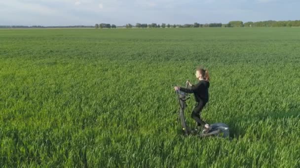 Hava Görüntüsü Yeşil Fitness Genç Bir Kadın Yeşil Alanda Stepper — Stok video