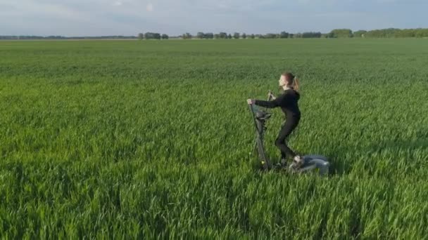 Vista Aérea Aptidão Verde Uma Jovem Está Trabalhando Stepper Campo — Vídeo de Stock