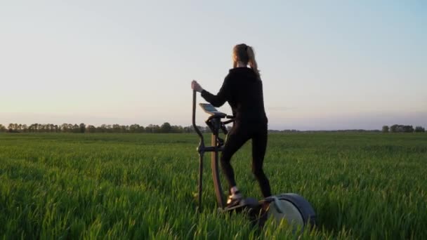 Aptitud Verde Mujer Delgada Está Haciendo Ejercicio Stepper Campo Verde — Vídeo de stock