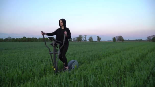 Green Fitness Slim Woman Working Out Stepper Green Field Dolly — Stock Video