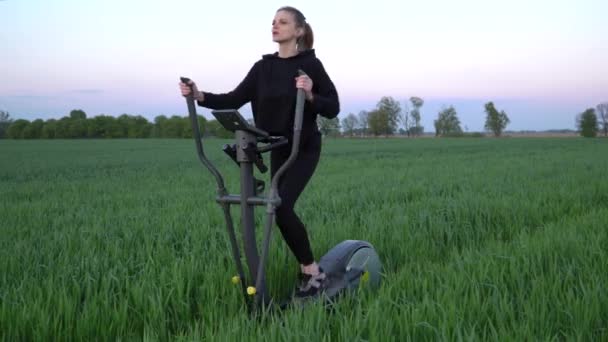 Aptidão Verde Mulher Magra Está Trabalhar Num Campo Verde Dolly — Vídeo de Stock