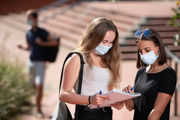 Coronavirus ya da Covid-19 salgını sırasında deftere bakan yüz maskesi takan iki üniversite öğrencisi kız..