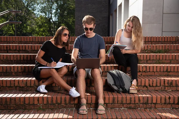 Gruppe Von Universitätsstudenten Arbeitet Auf Der Treppe — Stockfoto