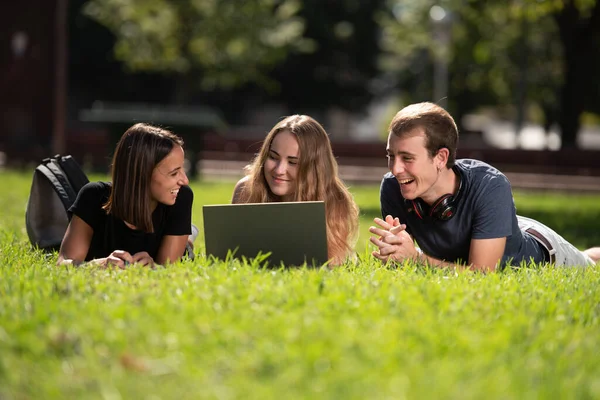 Three Smiling College Students Using Laptop Laying Chatting Park — Stock Photo, Image