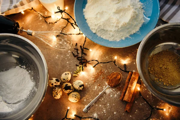 Ingredientes Para Preparação Biscoitos Close Com Luz Amarela — Fotografia de Stock