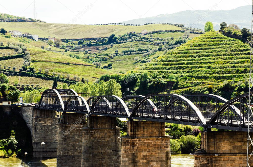 big historical bridge over Duoro river in Regua region vineyards, Portugal