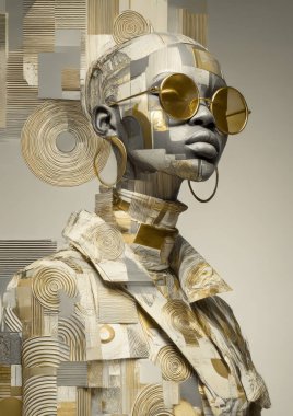 Afro soyut geometrik kadın portresi duvar sanatı, altın grisi modern basılabilir poster