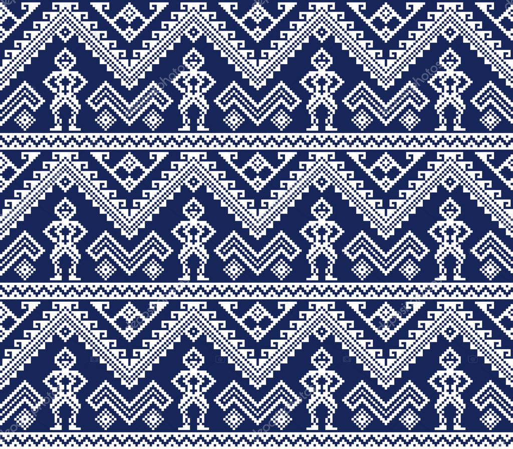 Seamless geometric ethnic pattern. Navy blue and white colors. Philippine style. 
