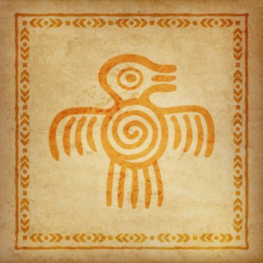 Dekoratif etnik kenarlık parşömen parçası üzerinde. Kuş yerli Amerikalılar sembolü. 