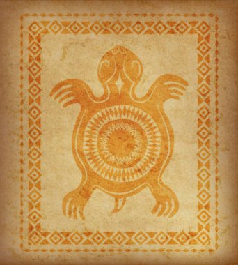 Dekoratif etnik kenarlık parşömen parçası üzerinde. Kaplumbağa yerli Amerikalılar sembolü. 