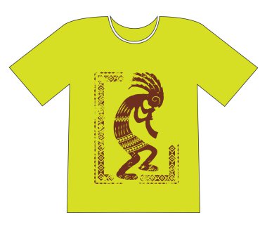 T-shirt üzerine baskı. Yerlilerinin etnik sembolü, kokopelli, balta adam. Grunge etkisi çıkarılabilir.