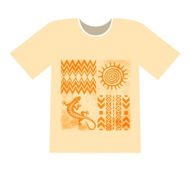 T-shirt üzerine baskı. Yerlilerinin etnik sembolleri, kertenkele ve güneş ve desenler. Grunge etkisi çıkarılabilir.