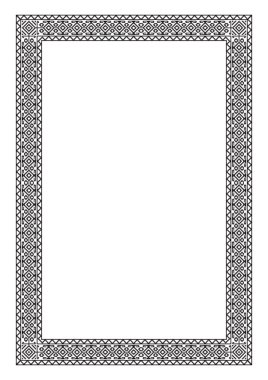 Geometrik, Gürcü etnik desenli dikdörtgen çerçeve. Siyah ve beyaz renkleri, nakış tarzı. A3, A4 sayfa oranlarını.