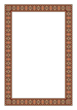 Geometrik, Gürcü etnik desenli dikdörtgen çerçeve. Geleneksel renkler, nakış tarzı. A3, A4 sayfa oranlarını.