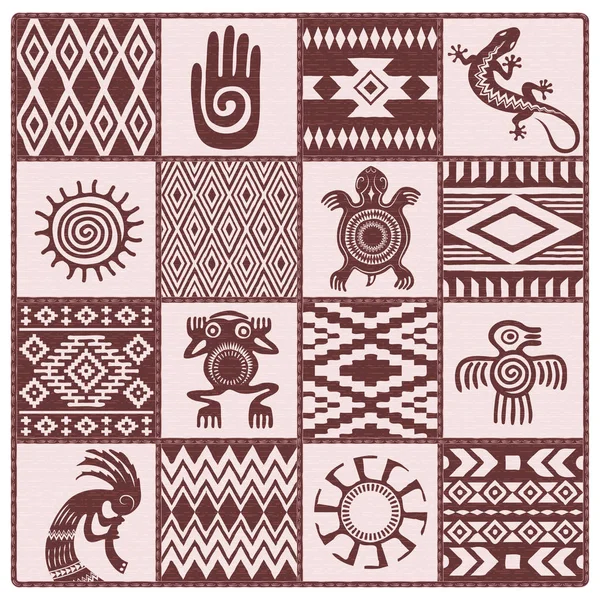 Yerlilerinin etnik desenler ve sembolleri çizimi: el, Güneş, kertenkele, kurbağa, kuş, kaplumbağa, kokopelli. Kahverengi, koyu kırmızı tonları.