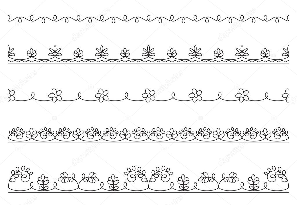 Black floral seamless ornaments, schemes for embroidery.  Thai style. Pattern brushes included in vector file.