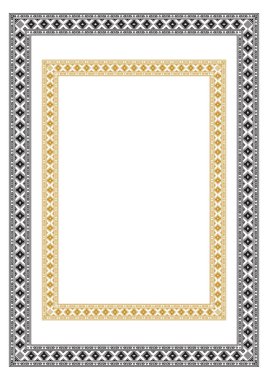 Dikdörtgen etnik geometrik çerçeveler. Siyah ve beyaz, sarı renkler. A3, A4 sayfaları.