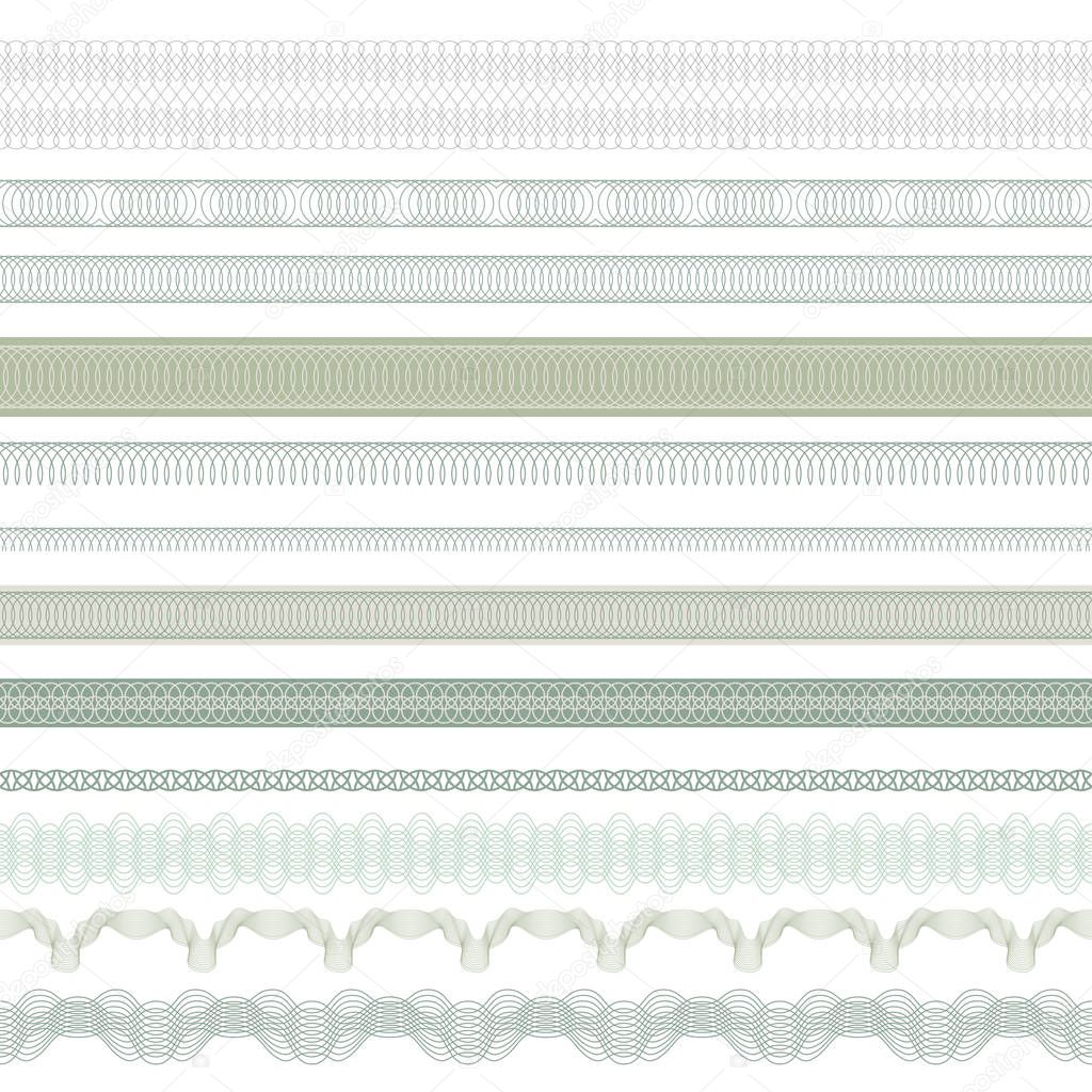 Seamless decorative borders for guilloches. Pattern brushes included in file.