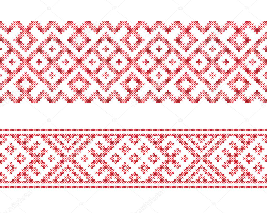 Slavic ethnic borders, seamless pattern, cross stitch embroidery style. Pattern brushes are included.