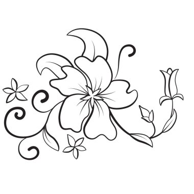 Siyah ve beyaz soyut çiçek, kontür. Yaprakları, yaprakları ve vinyetlerin. Çiçek tasarım öğesi, dekorasyon.
