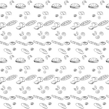 Ekmek yapım ürünleri çeşitli beyaz zemin üzerine siyah seamless modeli. Ekmek, simit, baget, kruvasan, pasta ve kek. 